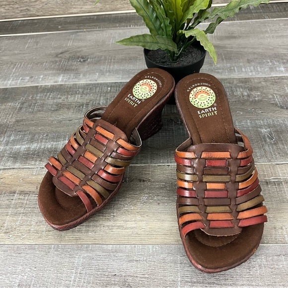 EARTH SPIRIT Gelron Birch Leather Brown Earthtone platform Sandal Slide Size 6.5 - Picture 2 of 11